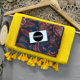 Yellow Handloom Khadi Cotton Saree With Rama Mango Print Blouse